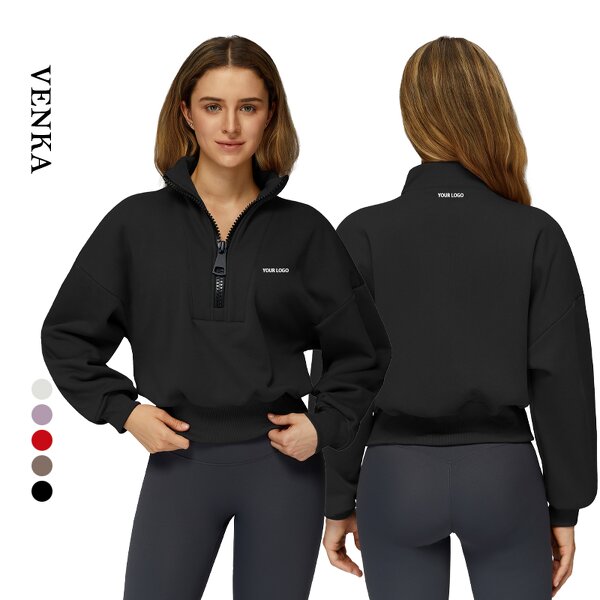 Half Zip Sweatshirt Manufacturer - Stand Collar Drawstring Adjust Hem Cotton Polyester