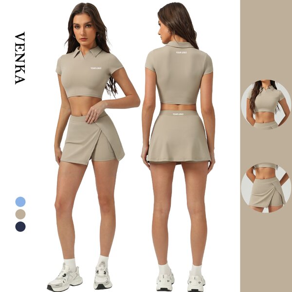 Sports Fitness Set Manufacturer - POLO Collar Crop Shirt 2 in 1 Shorts