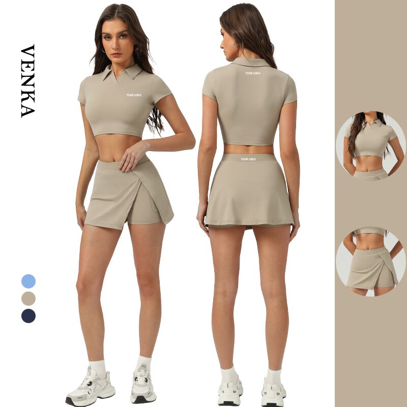 Sports Fitness Set Manufacturer - POLO Collar Crop Shirt 2 in 1 Shorts