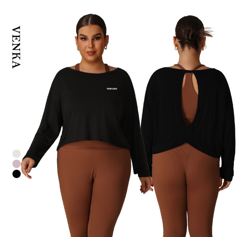 Plus Size Top Supplier - Loose Fit Open Back Long Sleeve Mesh Holes Quick Dry