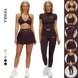 Fitness Suit Factory - V Neck Bra Half Zip Short Sleeves Tennis Skirt