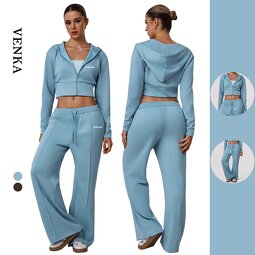 Women's Clothing Set Supplier - Zipper Jacket Hooded Crop Top Sweatpants