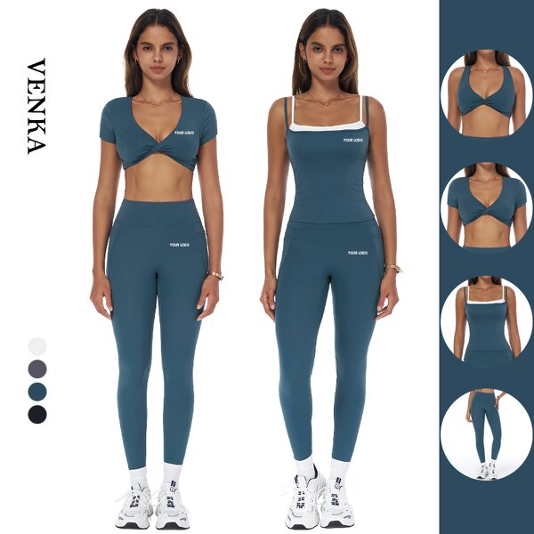 Fitness Wear Set Supplier - Contorted Fold Back Bra Short Sleeves Hip Lift Leggings