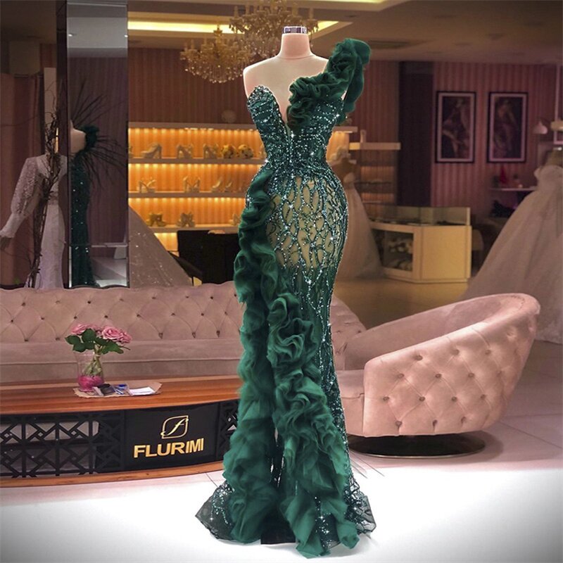 Evening Dress Manufacturer - OEM/ODM Green Bling One-Shoulder Floor-Length Gown