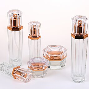 Cosmetic Glass Bottle Set Manufacturer - Custom Hexagon Aluminum Pump