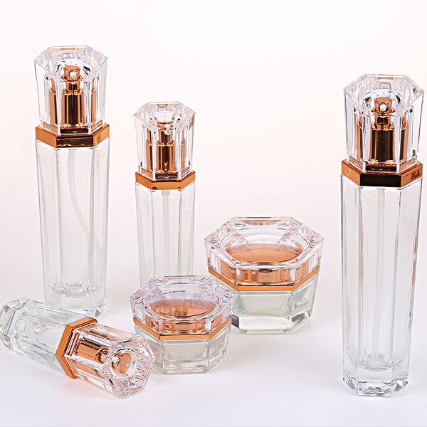 Cosmetic Glass Bottle Set Manufacturer - Custom Hexagon Aluminum Pump