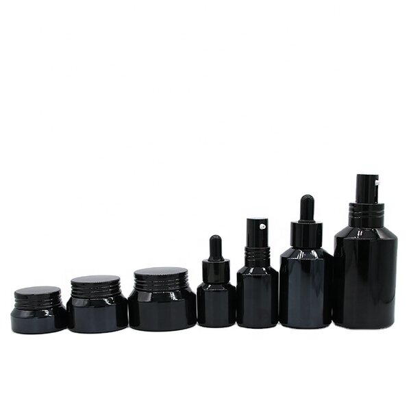 Glass Bottle Set Supplier - 15-125ml Slanted Shoulder Black Lotion