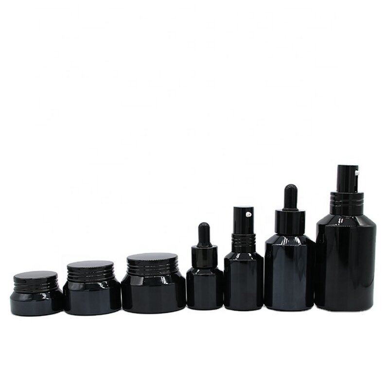 Glass Bottle Set Supplier - 15-125ml Slanted Shoulder Black Lotion
