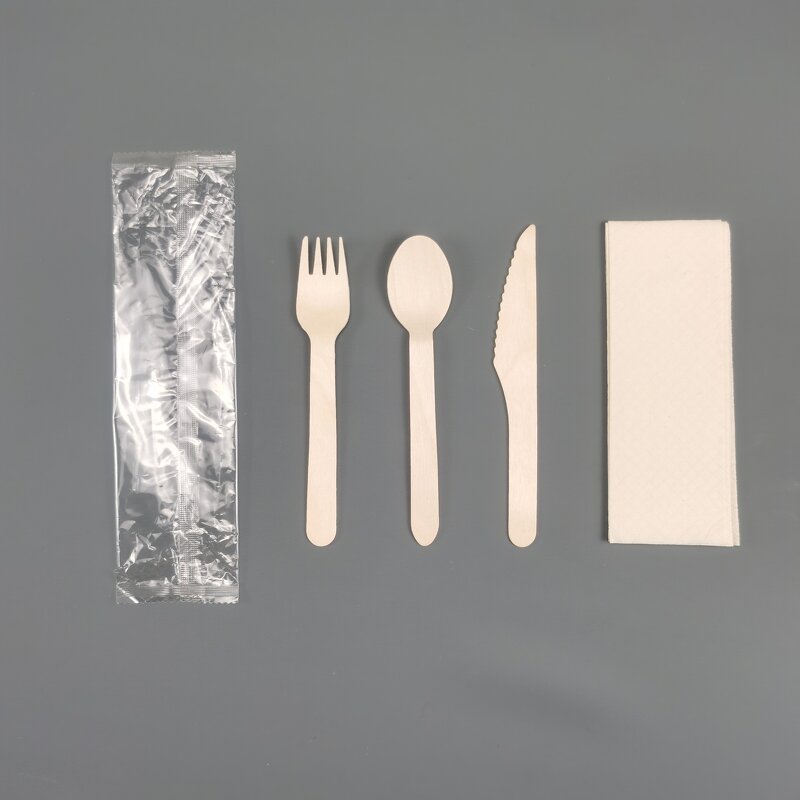 Wooden Cutlery Set with Napkin Supplier - Eco-Friendly Individual Packaging for Parties