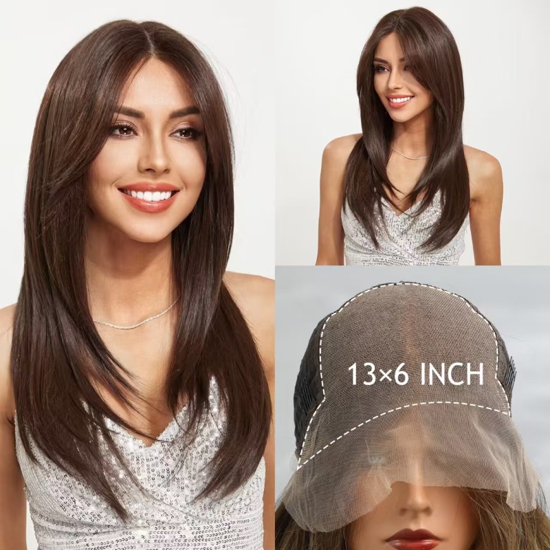 Large Area 13*6 Lace Wig Middle Parting Fashionable Black Brown Long Straight Hair Small Cap Transparent Full Hair Style Wigs