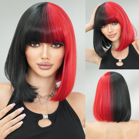 2025 Halloween Party Streetwear Wig Half Black Half Red Bob Short Straight Hair with Bangs Small Cap Size Wholesale