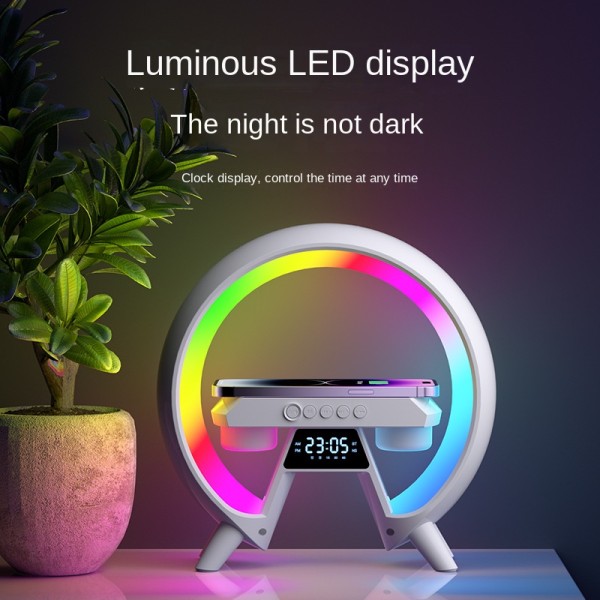 大G RGB LED无线扬声器5W输出手机无线充电时钟夜灯多功能音频电池显示器