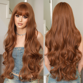 Super Long Apricot Brown Curly Wig for Women Natural Full Headband with Big Waves Bangs Simulated Wig Cap Small Size