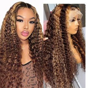 DEEP Curl Remy Hair Wig Front Lace Full Head Wig HD Transparent Lace Kinky Texture Straight Style Model Highlight Wigs 4x4