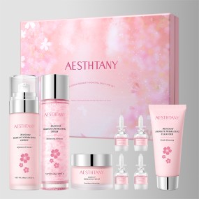 AESTHTANY Sakura Radiance Moisturizing Eight Piece Set Hydrating Brightening Nourishing Anti Aging Facial Skin Care Set