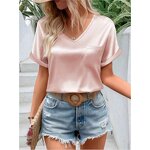 Women's T-shirt Manufacturer - OEM Satin V-neck Pocket Casual Top