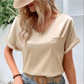Women's T-shirt Manufacturer - OEM Satin V-neck Pocket Casual Top