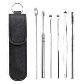 Ear Cleaner Ear Picking Tools Leather Pouch 6-Piece Set Stainless Steel Ear Scoop Double Head