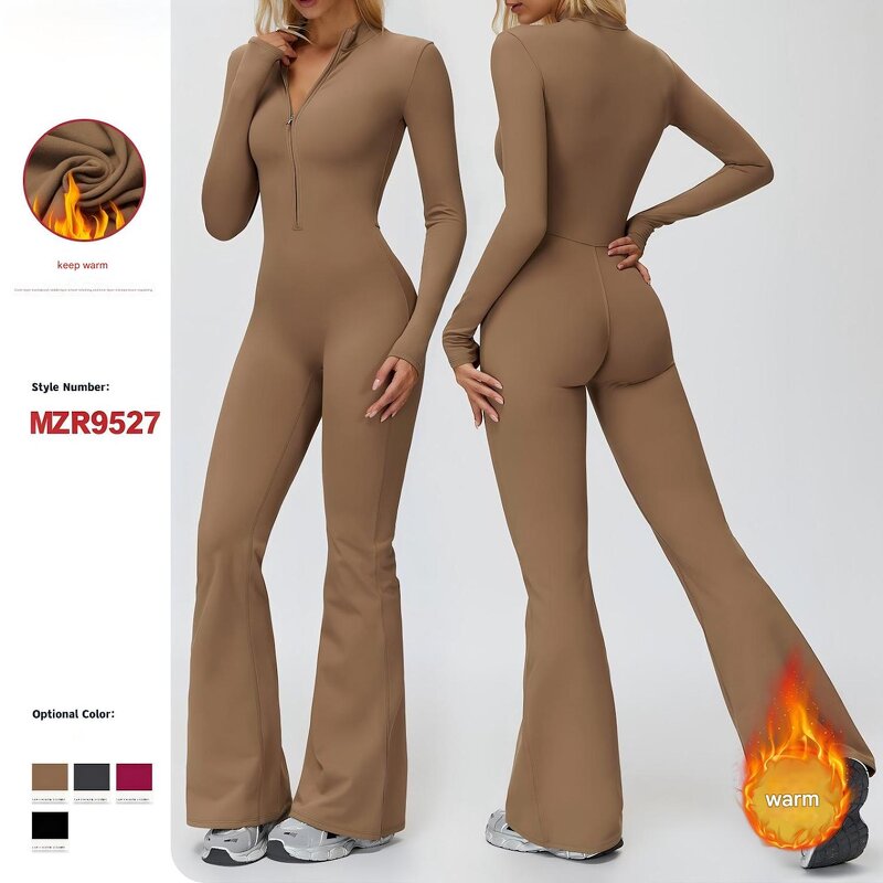 Winter Jumpsuit Manufacturer - OEM Women Long Sleeve Zip-up Stand Collar Fleece Wide Leg