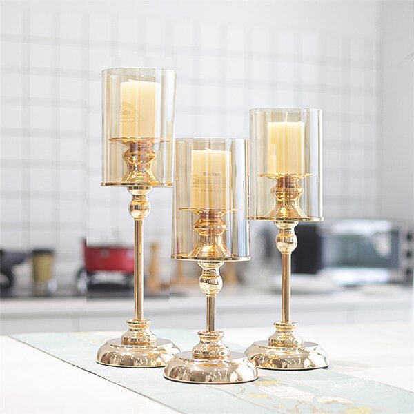 Pillar Candle Holder Manufacturer - OEM Nordic Romantic Metal Glass Golden for Wedding