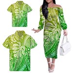Gradient Green Dresses Manufacturer - OEM Matching Men Shirt Kids Shirt Polynesian