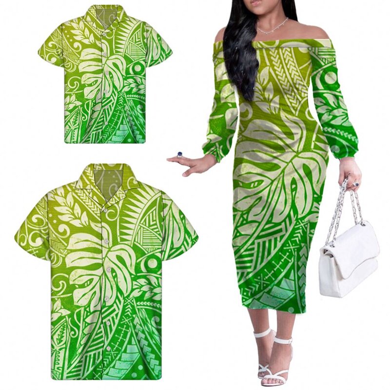 Gradient Green Dresses Manufacturer - OEM Matching Men Shirt Kids Shirt Polynesian