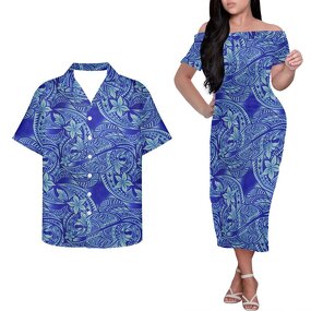 Couples Matching Clothes Factory - OEM Polynesian Tribal Blue Frangipani Print Custom