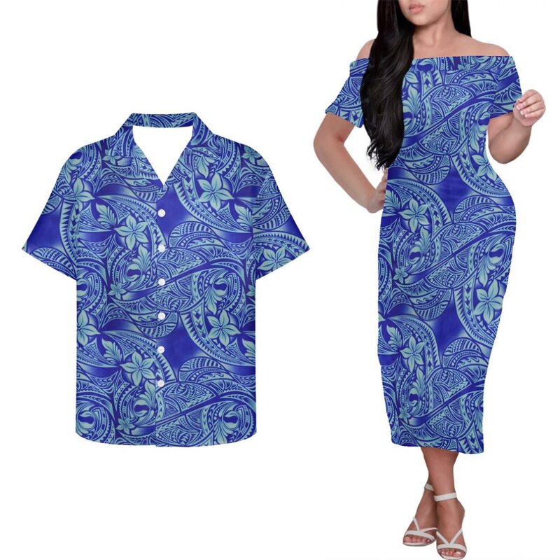 Couples Matching Clothes Factory - OEM Polynesian Tribal Blue Frangipani Print Custom