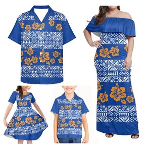 Family Matching Clothes Manufacturer - OEM Polynesian Tribal Blue Yellow Hibiscus Samoan