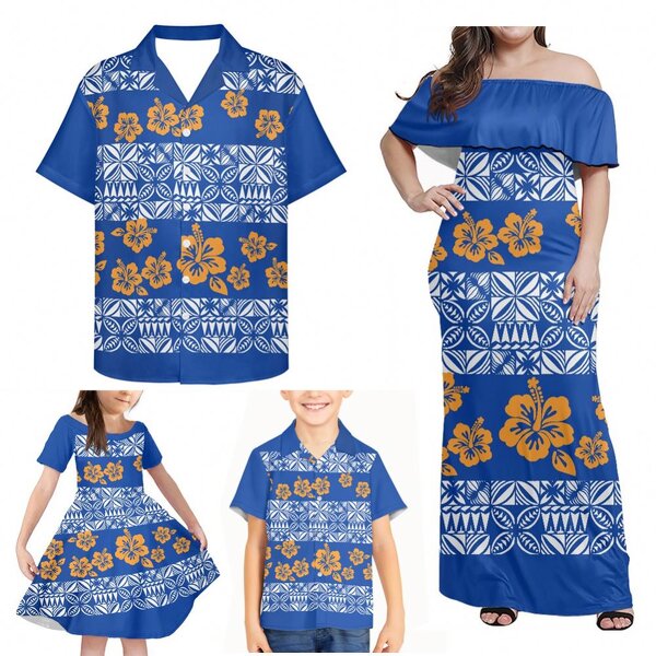 Family Matching Clothes Manufacturer - OEM Polynesian Tribal Blue Yellow Hibiscus Samoan