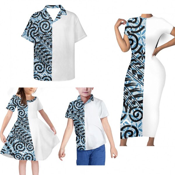 Family Clothing Outfits Factory - OEM Girls' Clothing Sets Polynesian Tribal Blue White