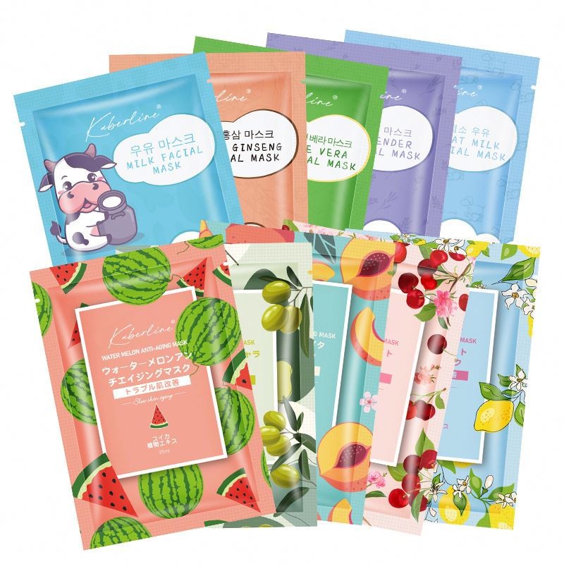 Best Selling Private Label Fruit Plant Face Mask 10 Flavors Facial Whitening Moisturizing Acne Anti-Aging Face Sheet Mask
