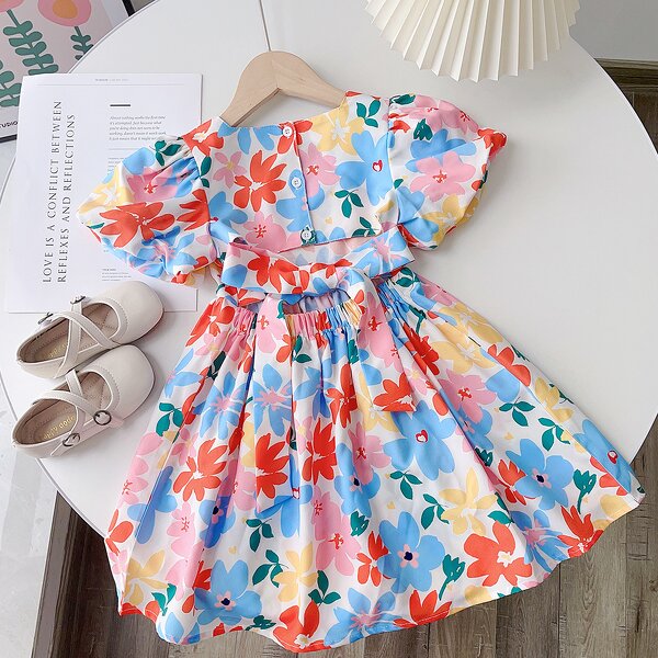 Girls Summer Dress Factory - OEM Backless Floral Puff Sleeve