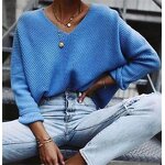 Pullover Sweater Factory - OEM Women's Winter Blue Knitted V-Neck