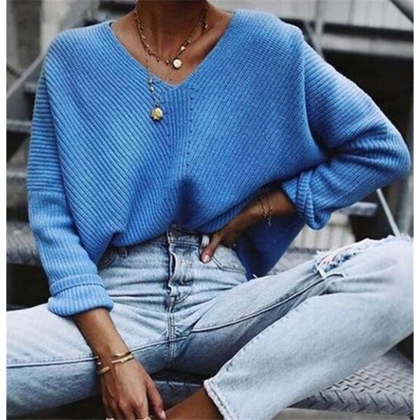 Pullover Sweater Factory - OEM Women's Winter Blue Knitted V-Neck