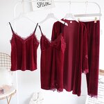 Pajamas Set Supplier - OEM Gold Velvet 3 Pieces Lace Robe