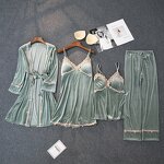 Pajamas Set Factory - OEM Gold Velvet 4 Pieces Lace Robe