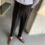 Men's Office Pants Factory - Casual Business Double Buckle Black Trousers
