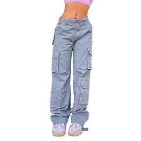 Women's Cargo Jeans Factory - Baggy Wide Leg Zipper Fly High Rise Pockets