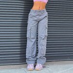 Women's Cargo Jeans Factory - Baggy Wide Leg Zipper Fly High Rise Pockets