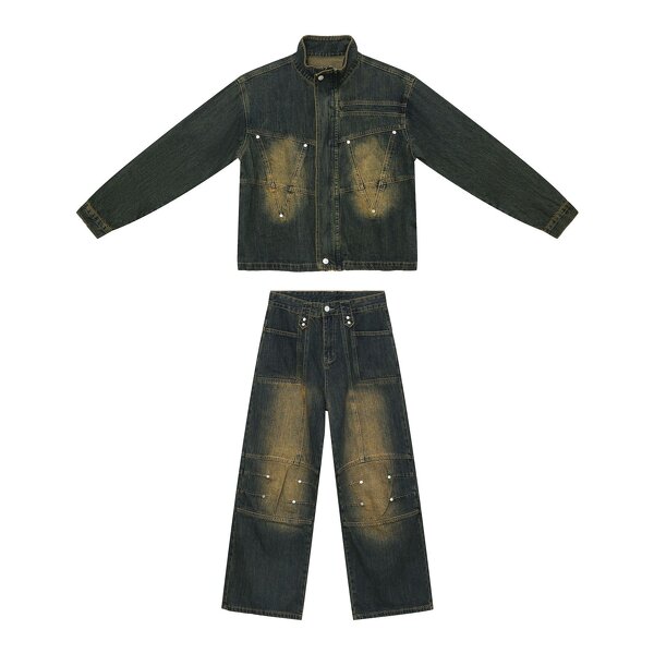 Denim Jacket Set Factory - American Retro Short Cleanfit Slim Fit 2-piece