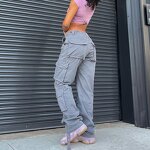 Women's Cargo Jeans Factory - Baggy Wide Leg Zipper Fly High Rise Pockets