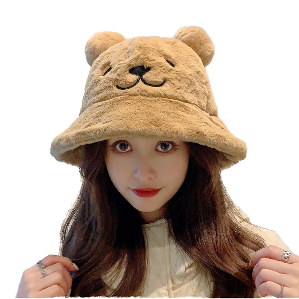 Bucket Hat Factory - OEM Women's Plush Bear Face Embroidery Pompom