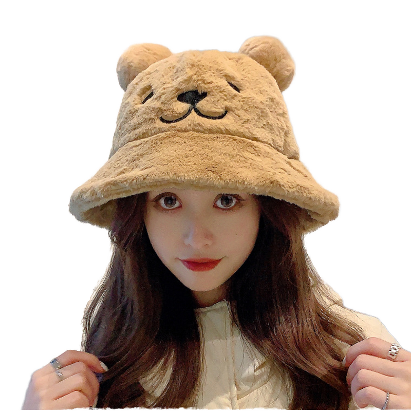 Bucket Hat Factory - OEM Women's Plush Bear Face Embroidery Pompom