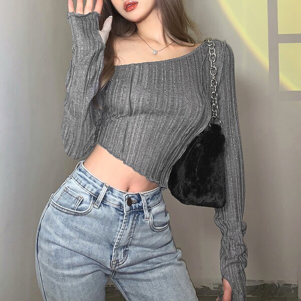 T-Shirt Supplier - OEM Cheap Women Long Sleeve Off Shoulder Hip