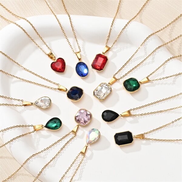 Pendant Necklace Factory - 18K Gold Stainless Steel Multicolor Zircon Rhinestone