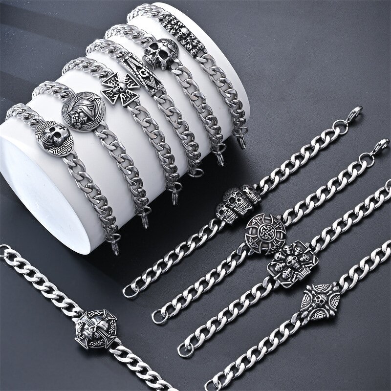 Chain Bracelet Factory - Stainless Steel Cuban Link Punk Skull Cross Charm