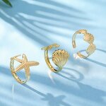 Seashell Ring Factory - 3PCS/SET Starfish Sea Shell 18K Gold Seashell Open