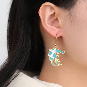 Country Flag Earrings Factory - Waterproof Stainless Steel Enamel Greece Flag Map