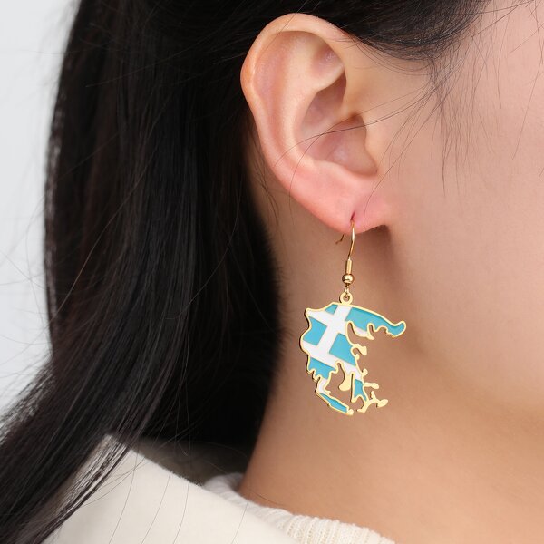 Country Flag Earrings Factory - Waterproof Stainless Steel Enamel Greece Flag Map
